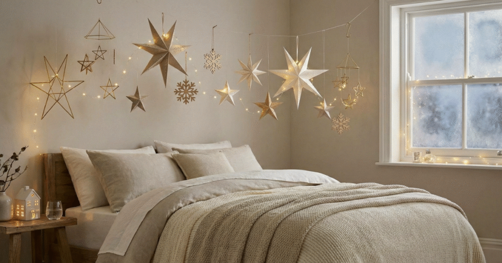 Hanging Stars Or Snowflake Mobiles Above The Bed