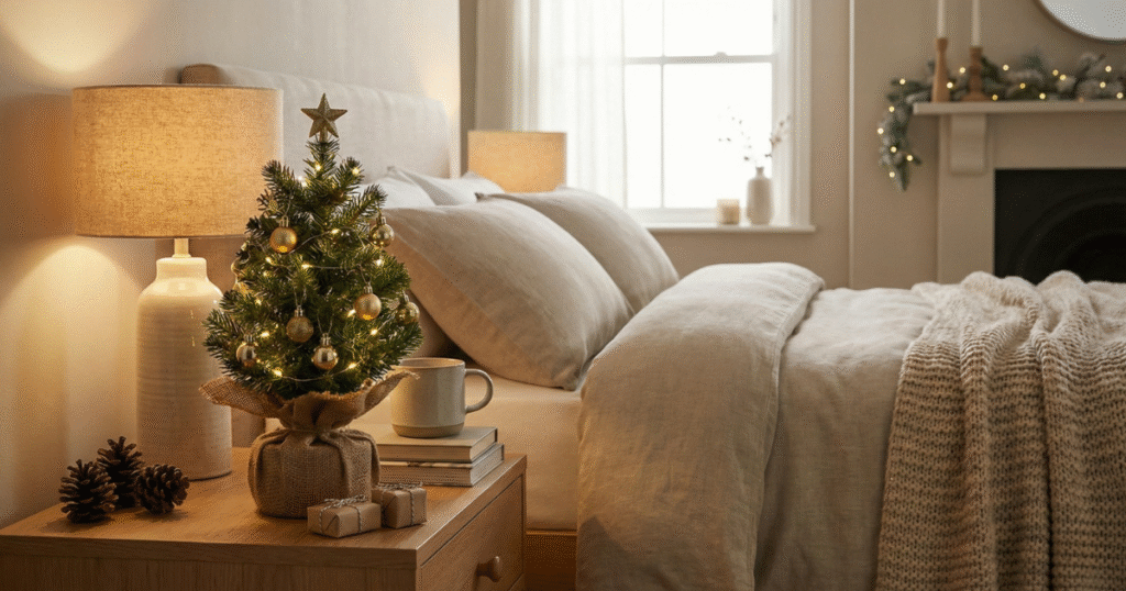 Mini Tabletop Christmas Tree On The Bedside Table